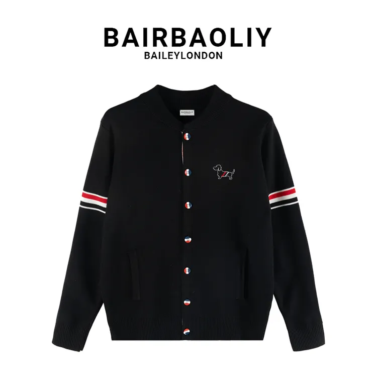 BAIRBAOLIY轻奢高级刺绣小狗软糯舒适针织衫秋冬拼色条纹开衫毛衣