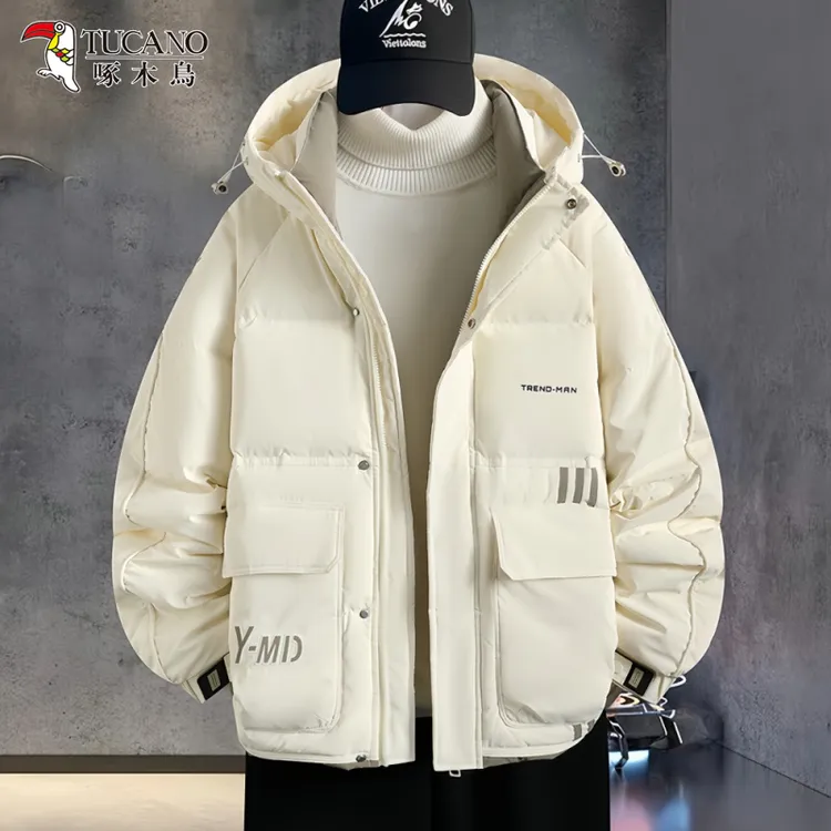 啄木鳥时尚工装保暖羽绒服男士冬季新款潮牌宽松连帽休闲加厚外套