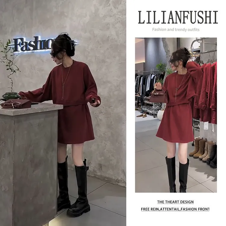 时尚穿搭女2025秋季新款设计感纯色长袖卫衣连衣裙百搭显瘦短裙女