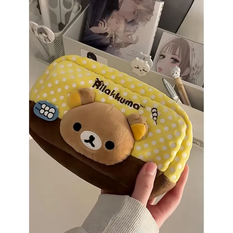 新款日系可爱轻松熊毛绒笔袋大容量学生文具收纳袋ins风文具盒