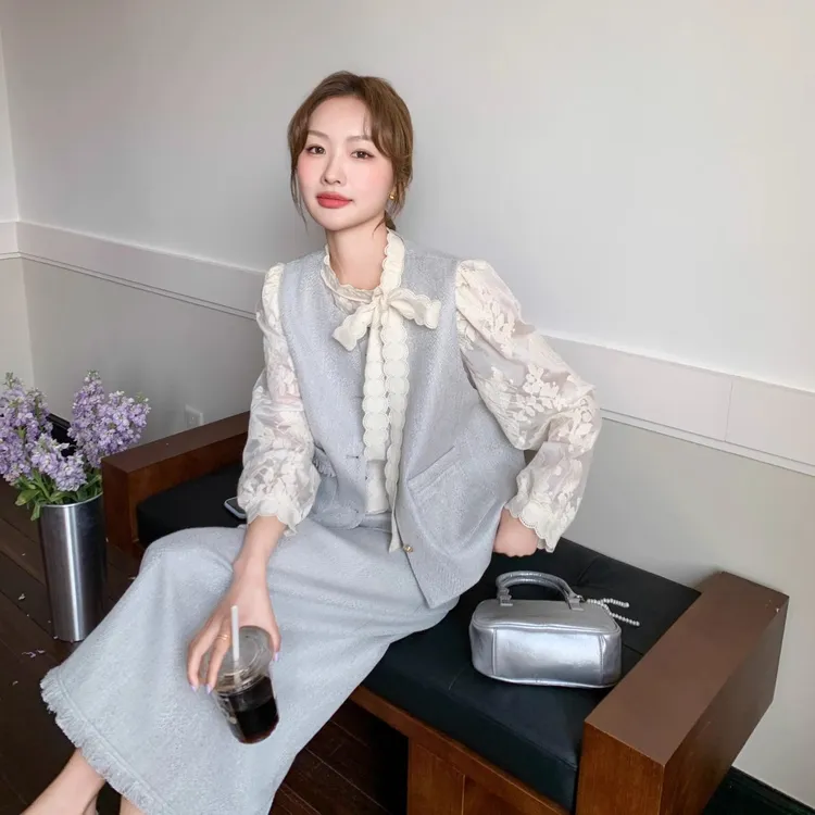 【纪朵研】886#小香风马甲半身裙套装女2025秋新款蕾丝打底衫三件套
