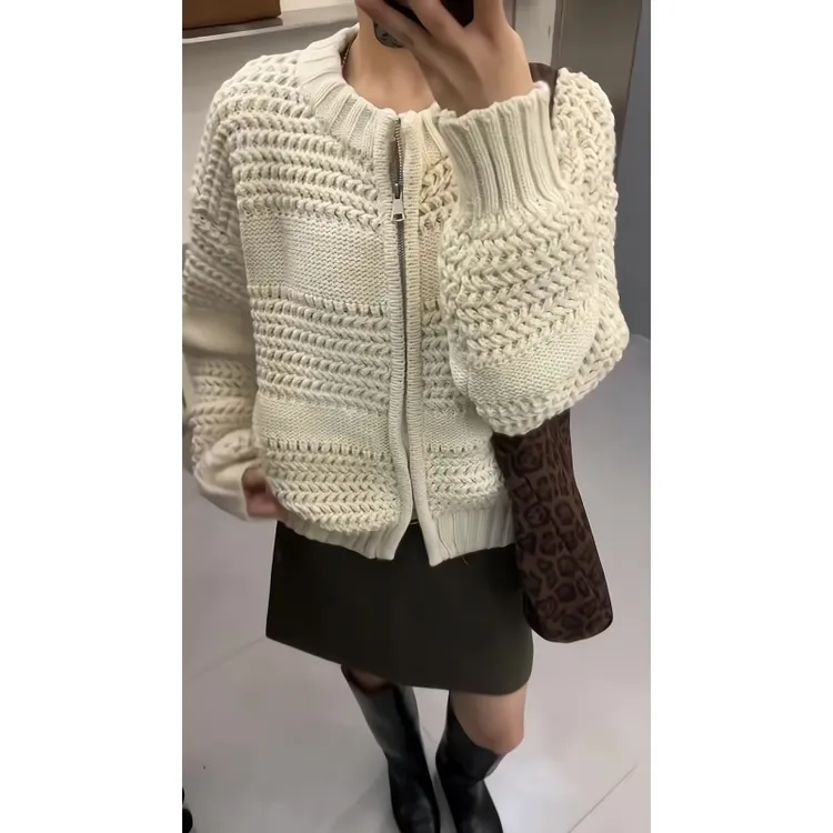 2026年秋冬厚款休闲简约潮流双向拉链毛衣开衫外套女半身裙套装