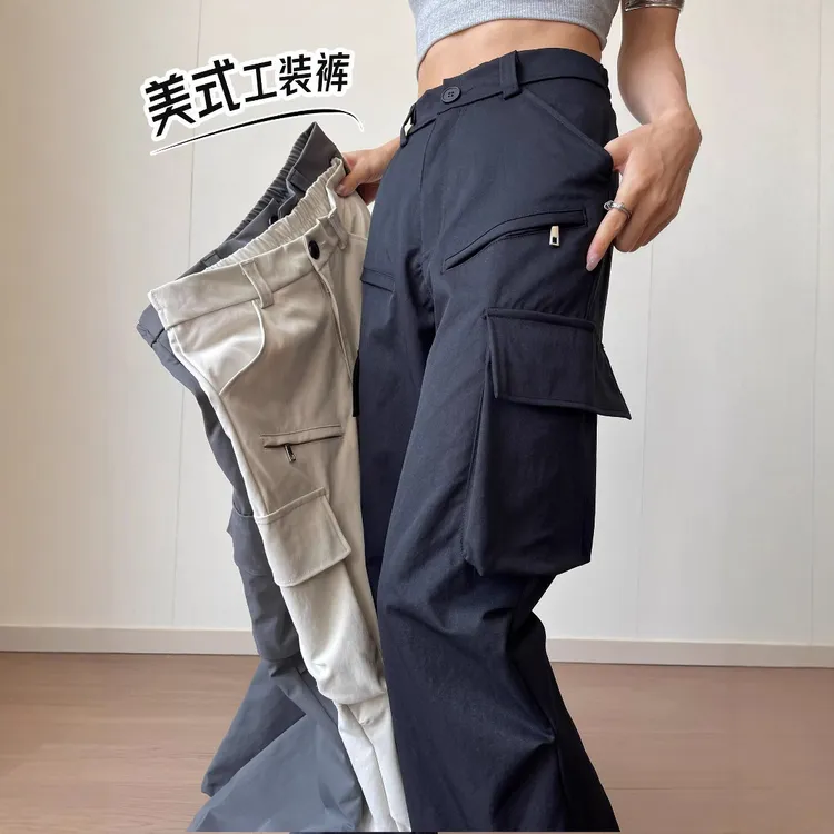 黑色微喇叭工装裤女春秋新款美式复古宽松阔腿显瘦直筒休闲长裤子