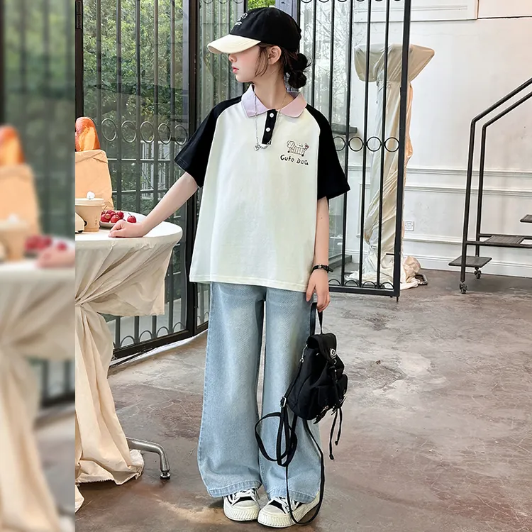 女童POLO衫套装夏装洋气时尚儿童短袖牛仔裤两件套6-12岁潮款童装