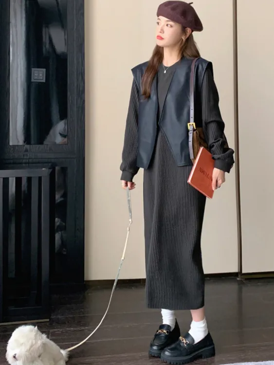 高级感长袖连衣裙马甲套装女2025春秋新款韩版减龄洋气长裙两件套