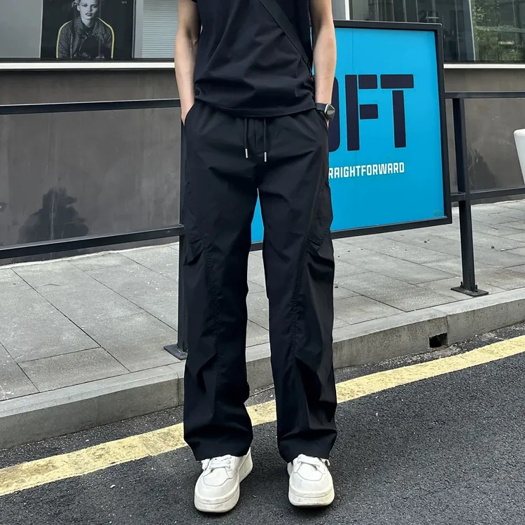 美式高街褶皱潮流直筒休闲裤男夏季薄款宽松户外工装裤速干长裤子