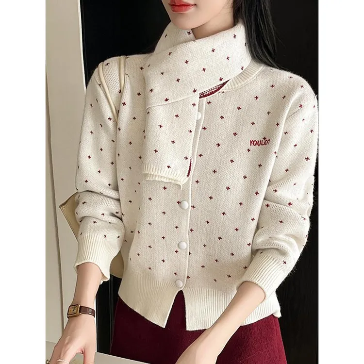 O'Moey 韩国东大门秋冬新款雪花提花撞色配围巾甜美毛衣开衫外套