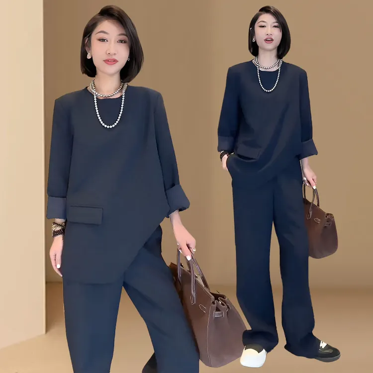 2026春秋穿搭一整套高级感超好看黑色不规则西装上衣裤子两件套女