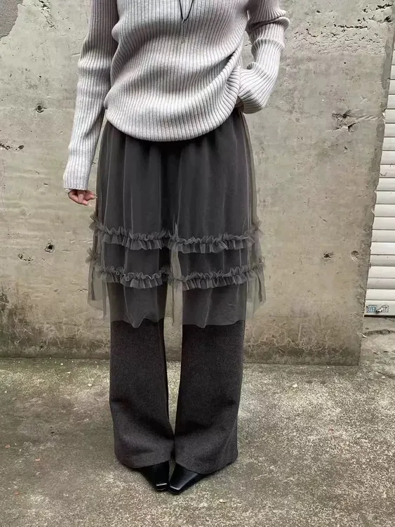 冬季韩版加绒阔腿直筒裤女设计感时髦小众网纱屁帘假两件长裤子