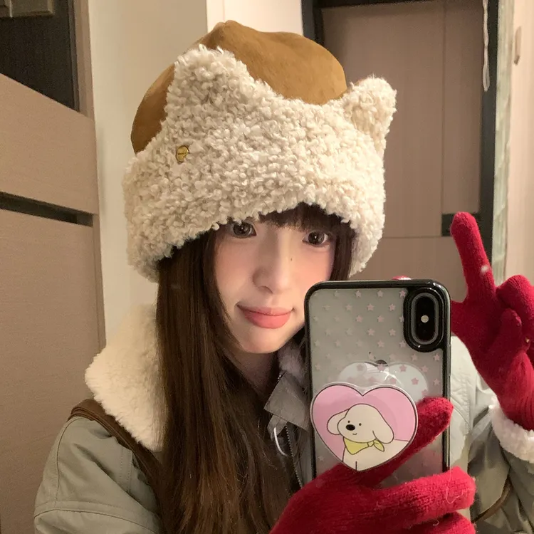 复古麂皮绒可爱猫耳朵毛绒雷锋帽子女冬季大头围保暖护耳帽套头帽