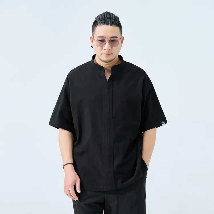 半墨大码男装棉麻宽松V领短袖T恤夏季薄款胖子男士体恤上衣潮3193