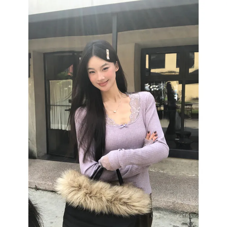 【温柔内核T恤】冬季纯欲性感蕾丝拼接V领显瘦修身T恤254T4317