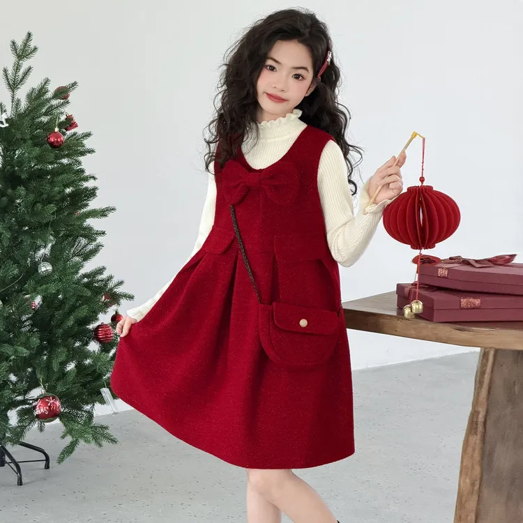 6-12岁女孩拜年衣服女童红色连衣裙加绒加厚冬装儿童背心裙小香风