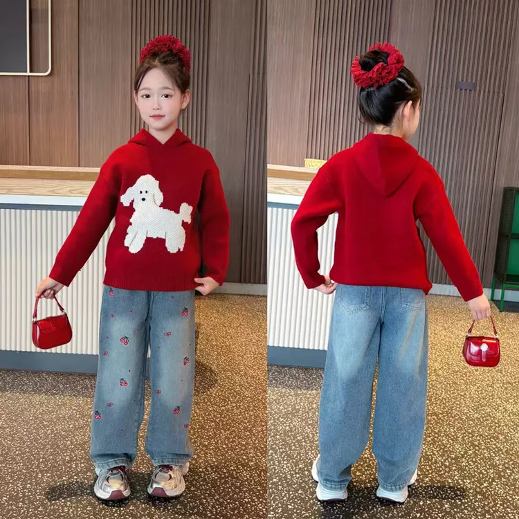 女童毛衣2025秋冬新款儿童秋装帽衫女孩上衣针织衫加绒牛仔裤套装