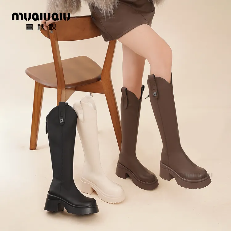 暮秋秋厚底长筒靴女2025秋冬新款季显瘦增高V口粗跟高筒ins骑士靴