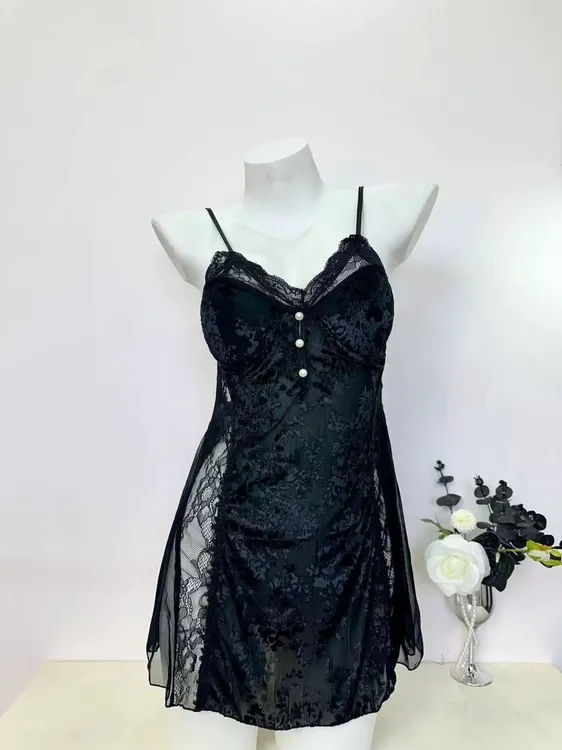 1-100蕾丝睡裙显瘦性感吊带舒适时尚黑色夏季印花休闲吊带裙睡衣