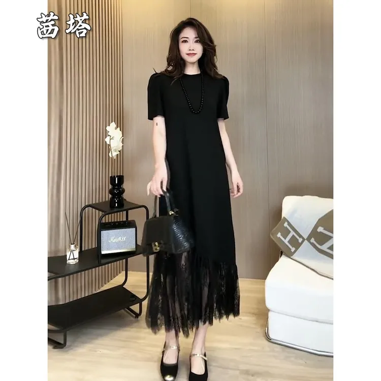 欧货高端大码宽松拼接蕾丝鱼尾长裙夏季新款短袖设计感气质连衣裙