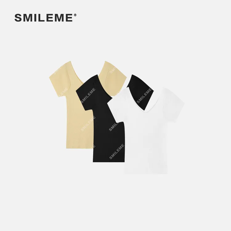 2-SMILEME【素简时光】夏季新款混纺百搭V领短袖T恤