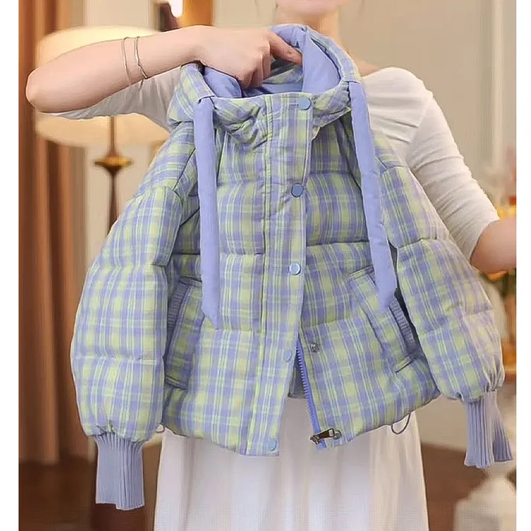 女童冬季棉服2025新款儿童韩版休闲洋气加厚格子拼接连帽棉服外套