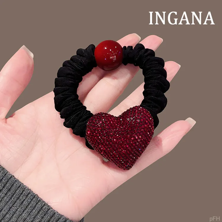 韩国东大门红色爱心水钻发绳高级感高弹力简约百搭头绳头饰小皮套