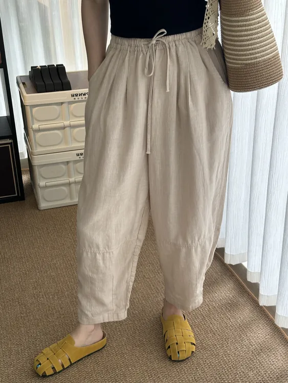 夏季纯亚麻灯笼裤女裤哈伦裤休闲复古宽松百搭时尚款