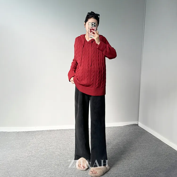 ZH&AH【惠灵顿】冬季新款时尚气质百搭设计感孕期麻花连帽毛衣套装