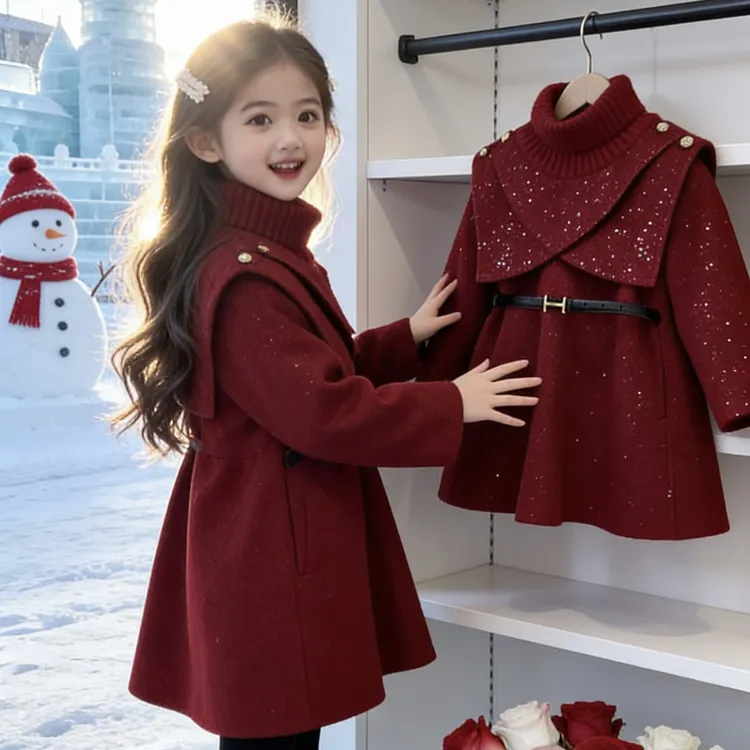 女童新款撒银星空毛呢外套冬季拜年服时髦可拆卸潮流披肩外套