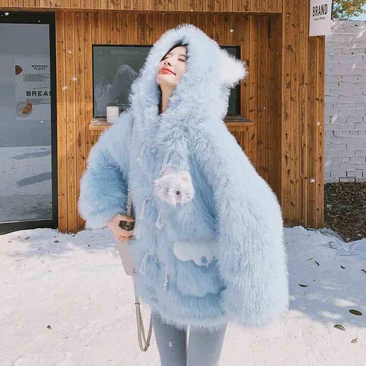 甜美可爱设计感毛茸茸猫咪连帽卫衣女加绒加厚毛绒外套冬季女装