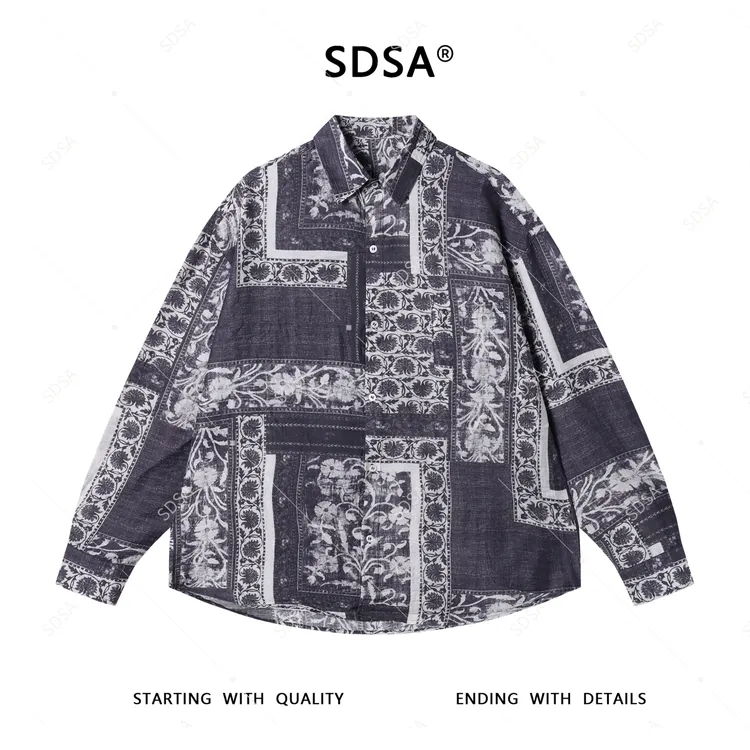 SDSA秋季新款男士痞帅简约撞色花卉纽扣长袖衬衫韩系百搭舒适休闲
