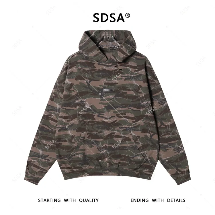 SDSA男士秋冬新款轻奢痞帅男装破洞迷彩连帽卫衣套头时尚百搭上衣