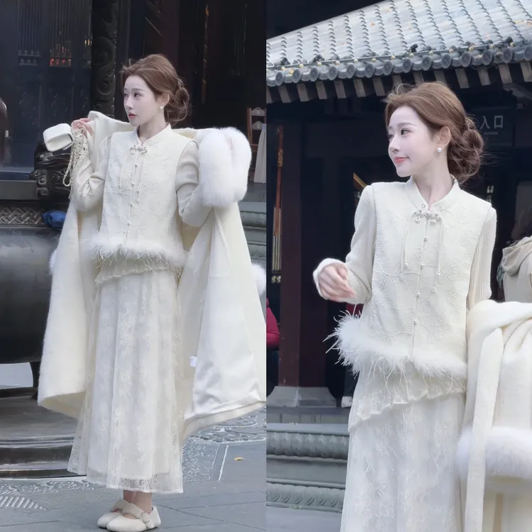 【婷婷】《白秀珠》人群中白天鹅羽绒鸵鸟毛马甲半裙套装TT2SDTH2956