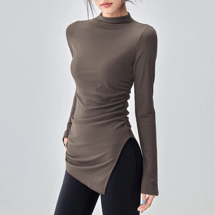 秋冬款遮臀中长款瑜伽服长袖上衣半高领修身显瘦普拉提训练罩衫女