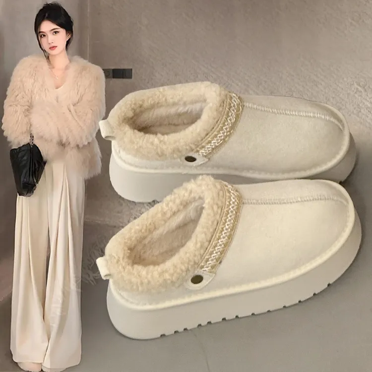 毛绒厚底一脚蹬半拖鞋女冬季加绒加厚保暖2025新款面包雪地棉拖鞋