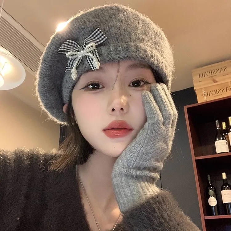 蝴蝶结灰色贝雷帽女秋冬季保暖针织毛绒蓓蕾画家帽大头围百搭帽子