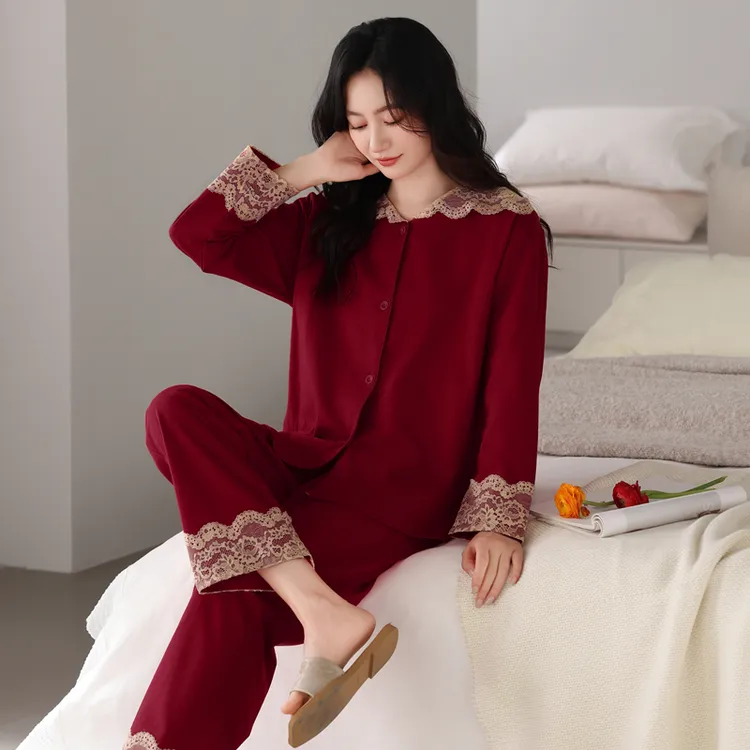 睡衣女款爆款2025新款长袖纯棉套装春秋季酒红色新娘本命年家居服