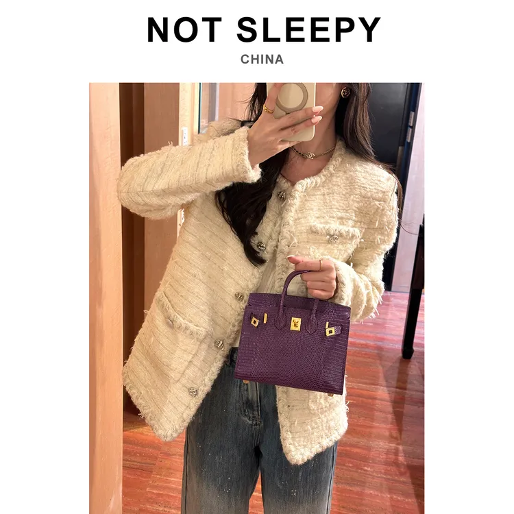 "蜡线手缝进口牛皮压蜥蜴纹"外缝迷你铂金包20cm手提单肩/海葵紫