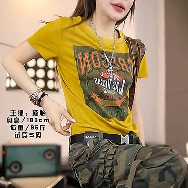 今年流行辣妹短袖打底T恤女夏季2025新款欧美风短款印花高腰上衣