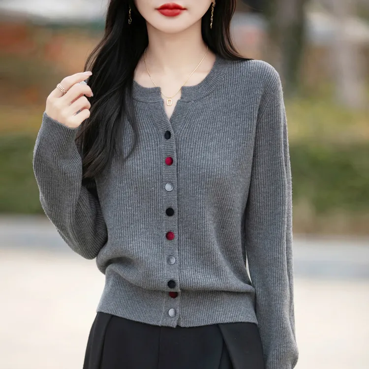 秋冬新款安迪绒V领针织开衫女装纯色抽条彩扣宽松毛衣开衫外套女