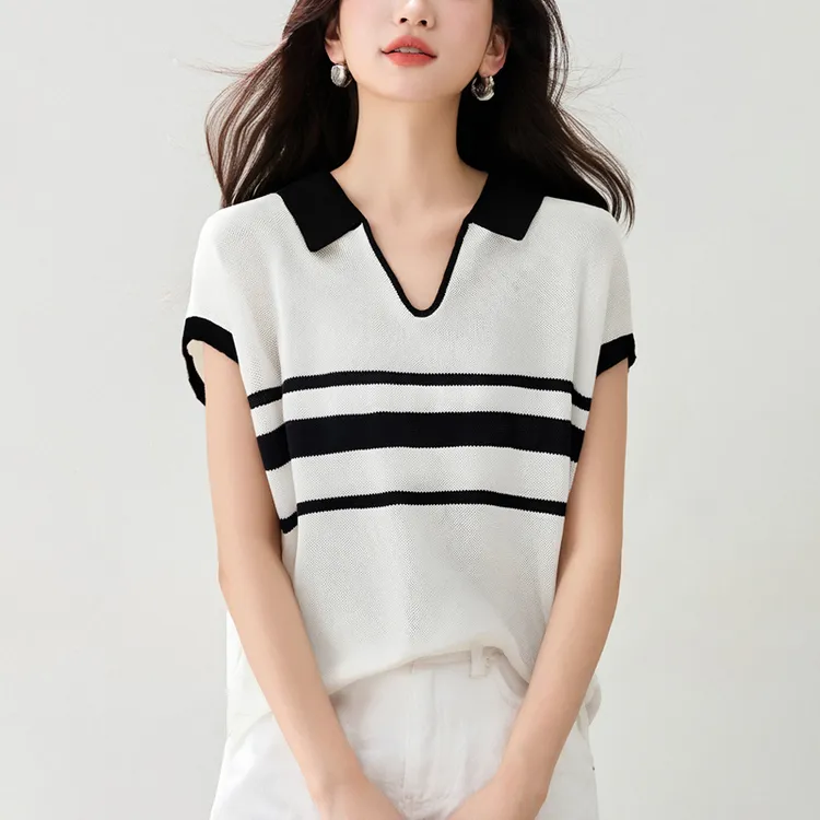 黑白条纹polo领短袖T恤女2025夏季新款时尚减龄V领冰丝针织衫上衣