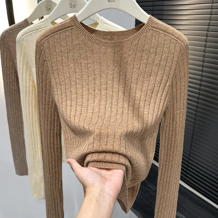 一体无缝针织圆领打底衫女内搭条纹长袖柔软亲肤简单大方气质上衣