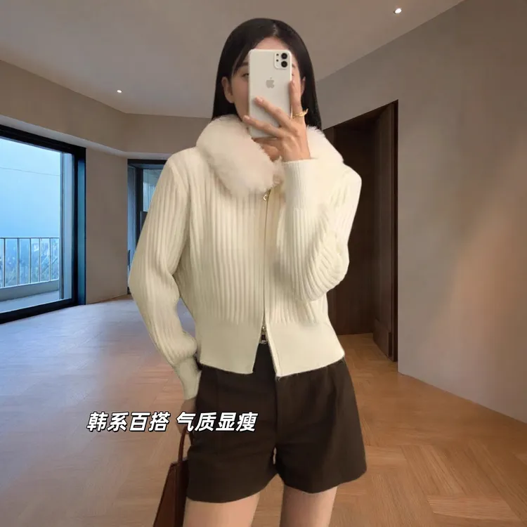 热卖毛领拼接双拉链毛衣外套女秋冬新款别致慵懒风百搭显瘦短款针