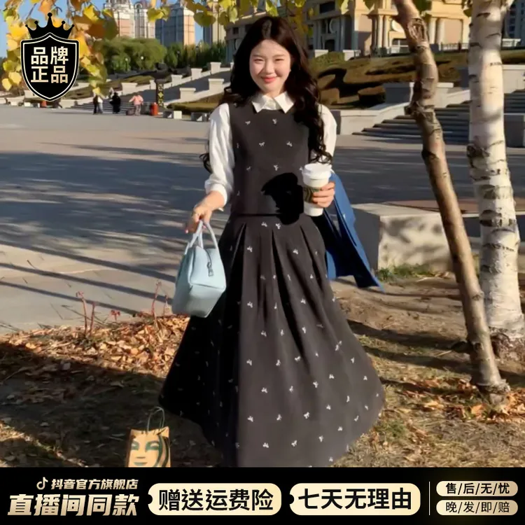 2025新款韩系时尚内搭灰色套装连衣裙子女秋冬季高级感衬衫三件套