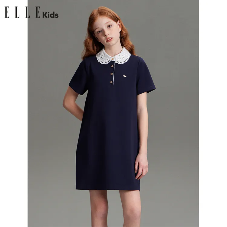 ELLE KIDS 绣花娃娃领连衣裙女童夏季新款法式复古风精致裙子X3