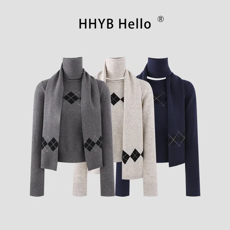 HHYB Hello菱格围巾内搭毛衣针织打底衫两件套女上衣M1635套装