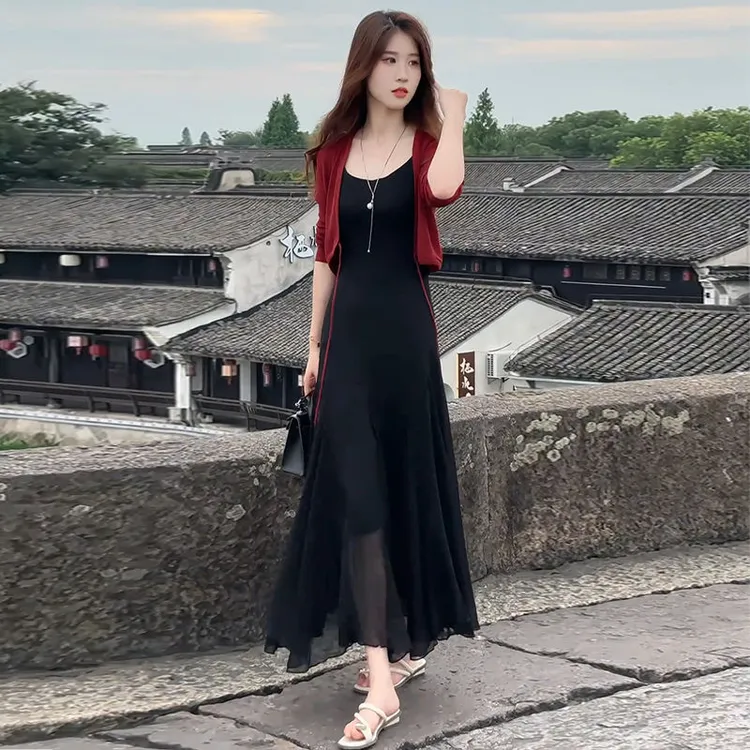 海边度假连衣裙女夏季新款防晒开衫吊带裙一整套沙滩拖地雪纺长裙