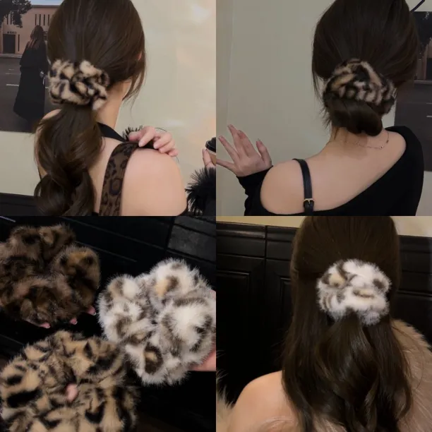 韩国东大门同款秋冬毛绒豹纹发圈加绒扎头发大肠圈高弹力