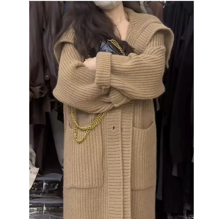 长款翻领毛衣外套女秋冬慵懒风宽松气质加厚针织开衫大衣