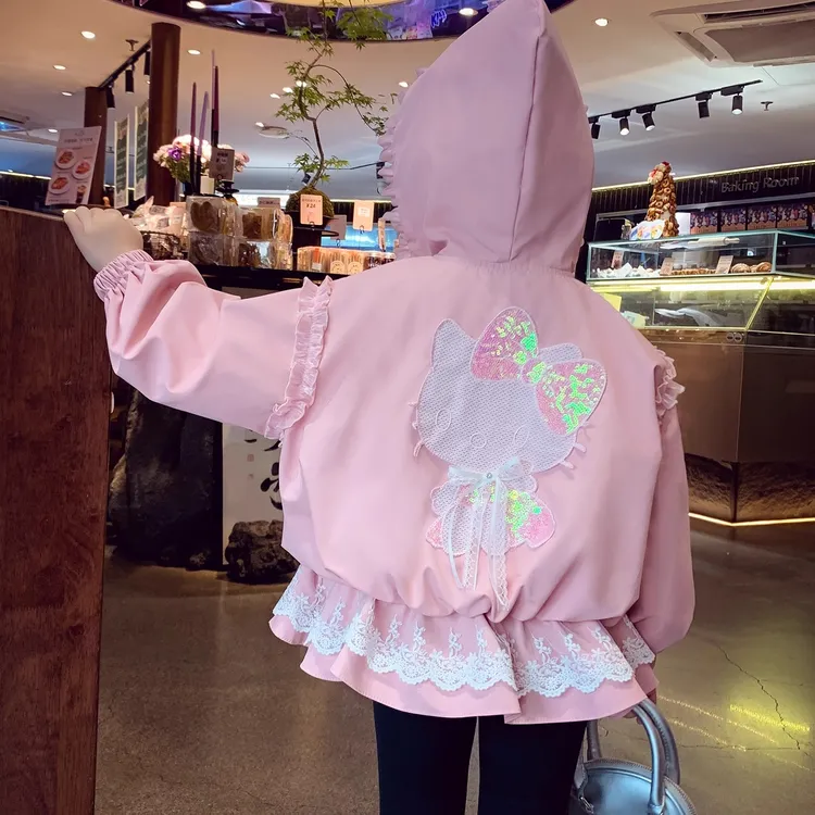 女童春秋外套2025新款网红洋气卡通连帽外套儿童蕾丝收腰公主上衣