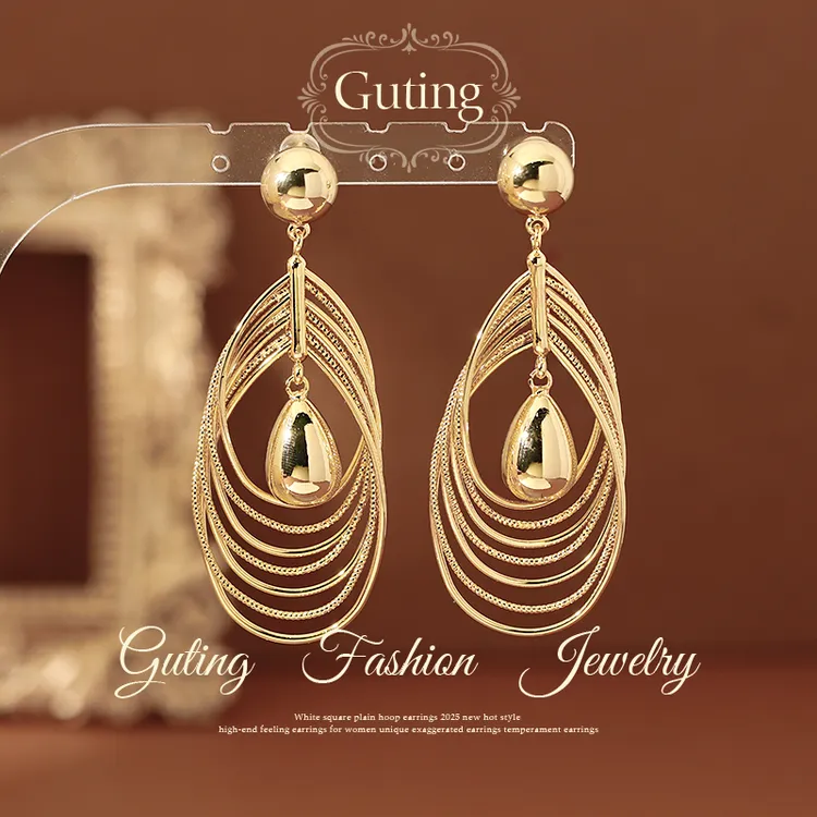 铜合金耳饰 22203金色多层圈圈水滴耳坠耳钉女小众耳饰精致耳环