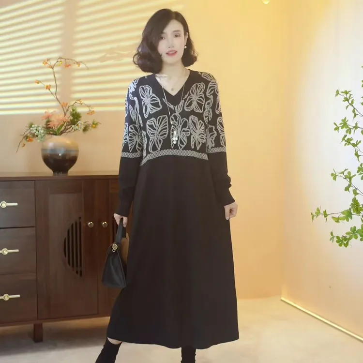 【A067】绵羊毛针织连衣裙女2025秋季新款时尚洋气宽松遮肉显瘦裙子